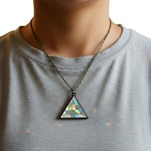 Vintage Laser AH Prismatic Triangle Necklace Iridescent Holographic England NEW